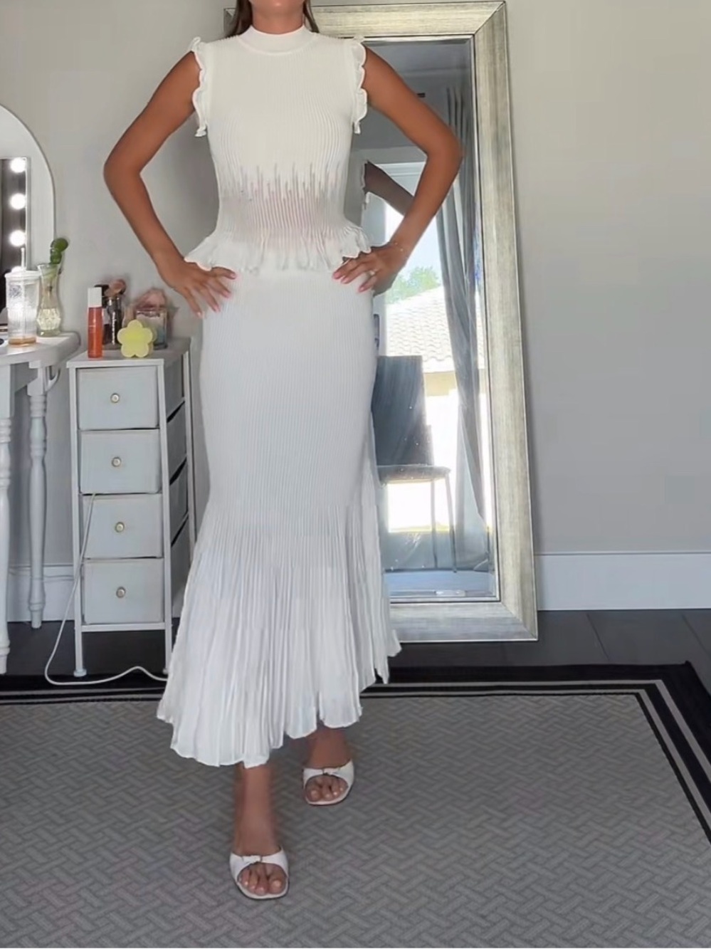 Cream Pleated Knit Set with Ruffle Accents